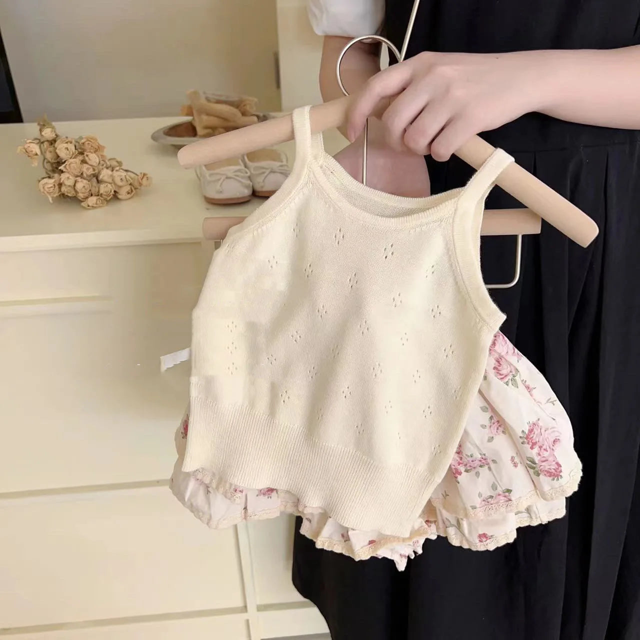 Ins Summer Toddler Girl Outfit 2024 Hollow Cool Slip Tees Lace Rose Flower Bud Shorts Baby Girl 2PCS Clothes Set Kid Girl Suits