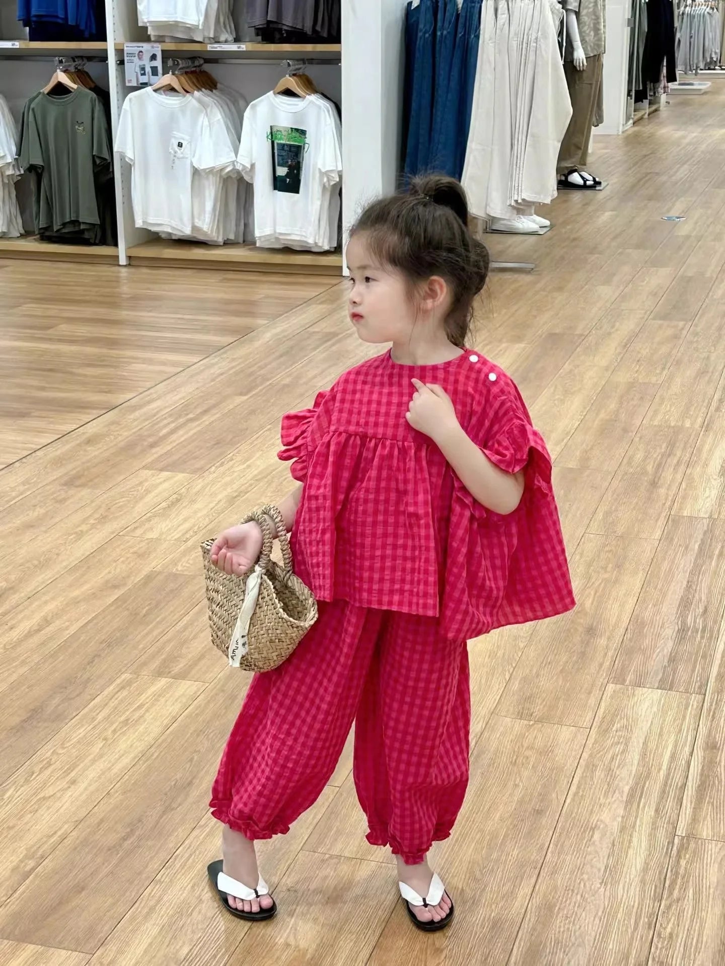 Summer Spring Baby Girls Cotton Loose Red Plaid Ruffle Sleeves Shirt Tops+Crop Pant Sets Child Outfit Kids 2PCS Tracksuit 2-10Yr