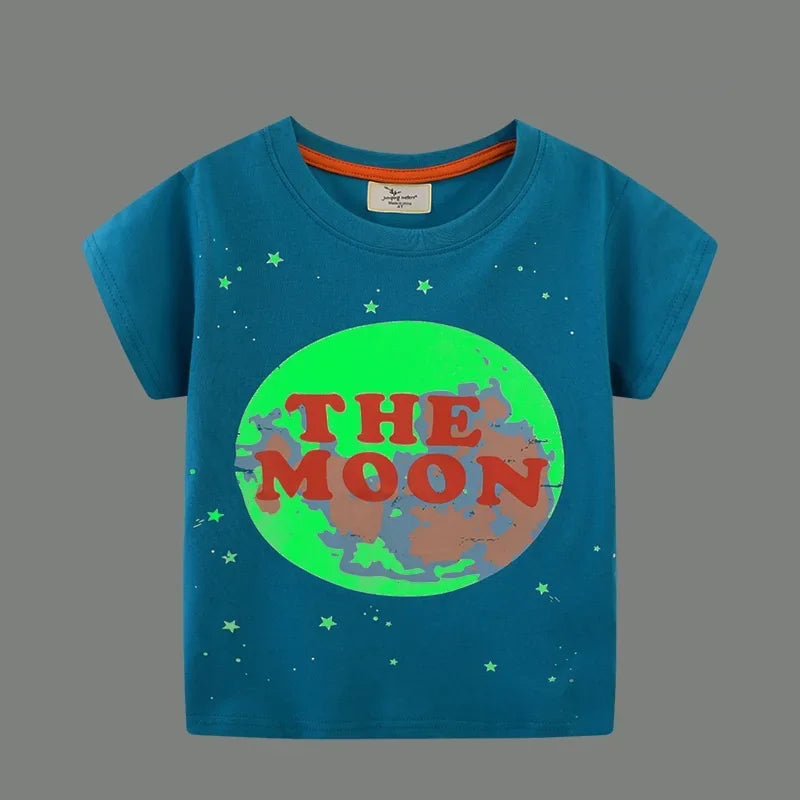 Kids Luminous Cartoon Dinosaur T-shirt 2-7 Years 100% Cotton Baby Boys Tees Summer New Short Sleeve Tops Dropshipping
