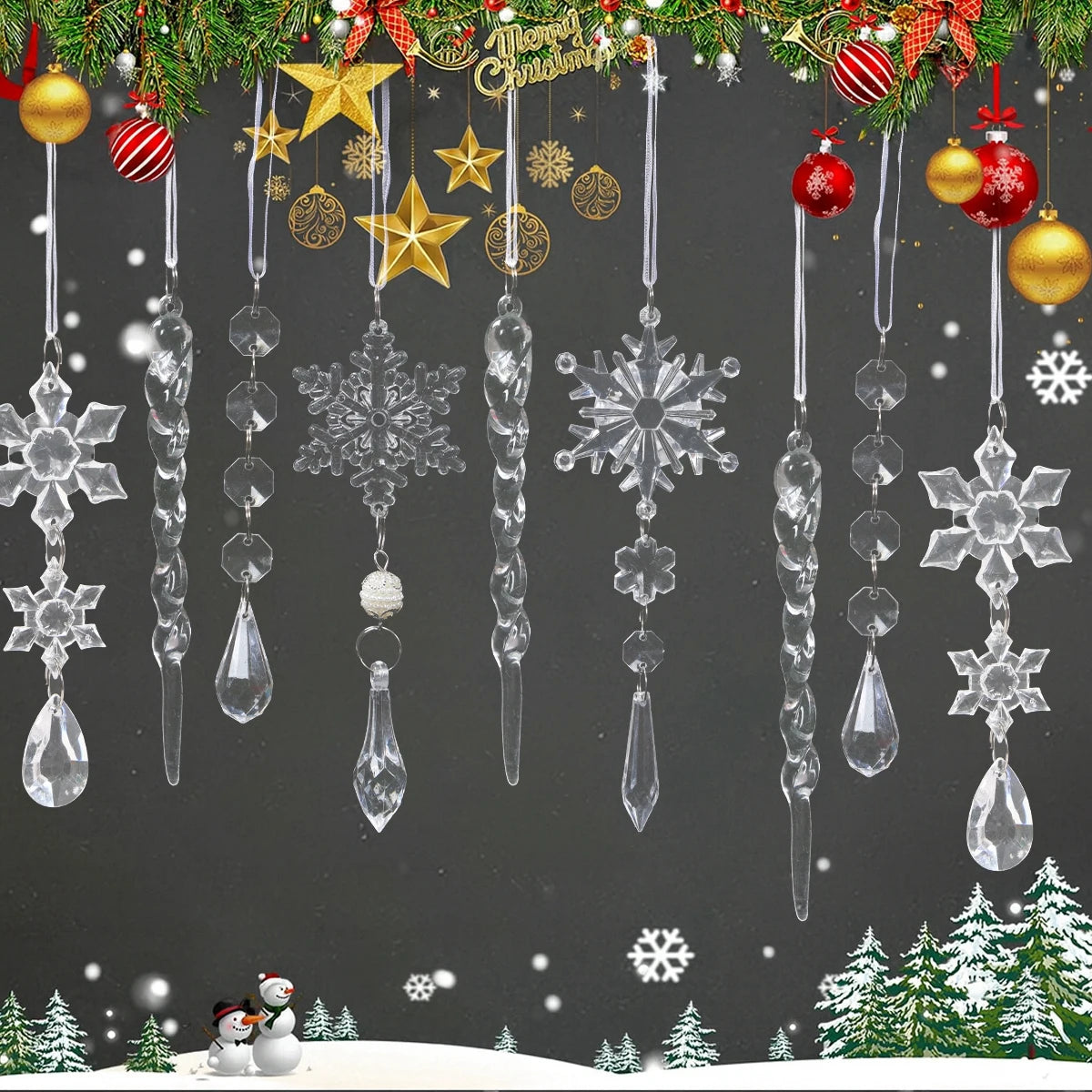Christmas Crystal Acrylic Ornaments Christmas Decoration for Home 2025 Snowflake Xmas Tree Hanging Pendants New Year Gift 2026