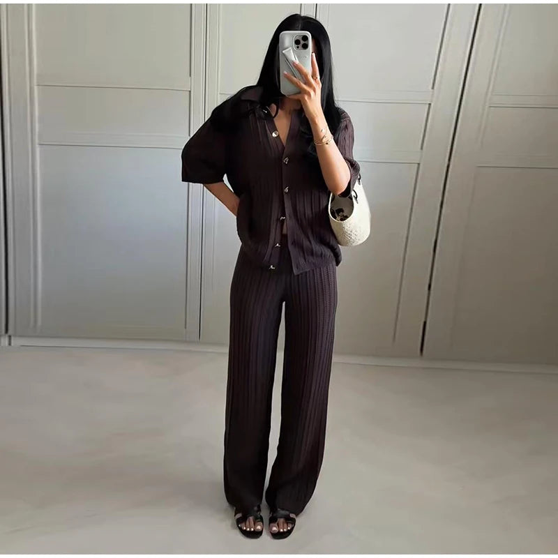 Fashion Knitted Long Pants Sets For Women Elegant Short Sleeve Lapel Single Breasted Cardigan Wide Leg Trousers 2 Pieces Suits
