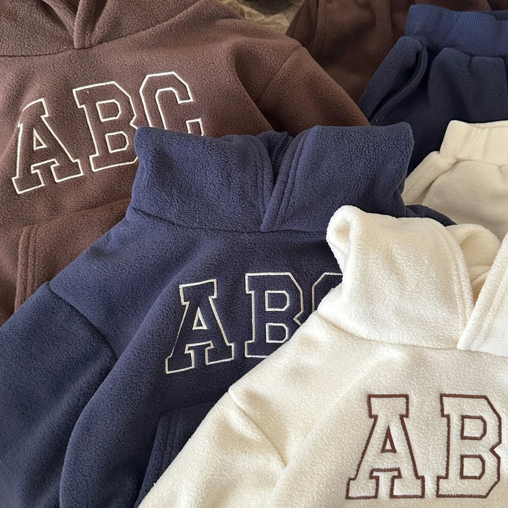 Children's Fleece Suits Insulated Baby Boy Winter Clothes Sets Letters Pullover Hoodie Sweater Top Pants Outfit Girl Tracksuit