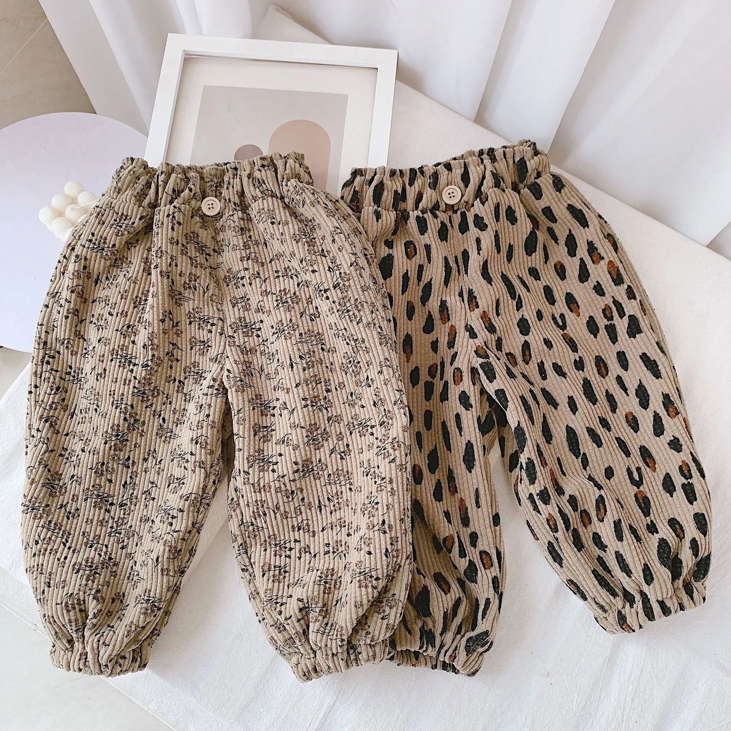 Korean Style Toddler Girls Corduroy Harem Pants 1-8Y Leopard Floral Print Autumn Winter Fleece-Lined or Thin Casual Pants