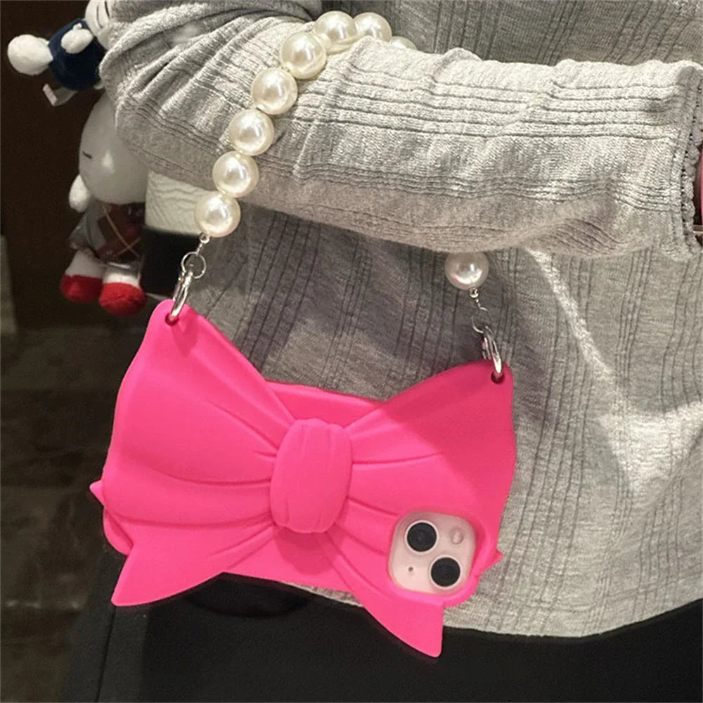 Cute 3D Pink Bowknot Handbag Silicone Phone Case For iPhone 14 13 12 Pro Max 15 Lovely Girl Shockproof Soft Cover