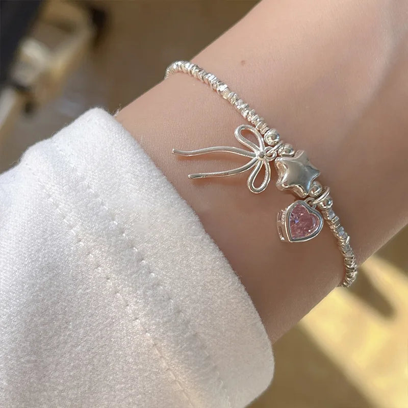 925 Sterling Silver Bracelet Bowtie Ribbon Pink Heart Star Cute Geometric For Woman Girl Fashion Jewelry Gift Dropship Wholesale