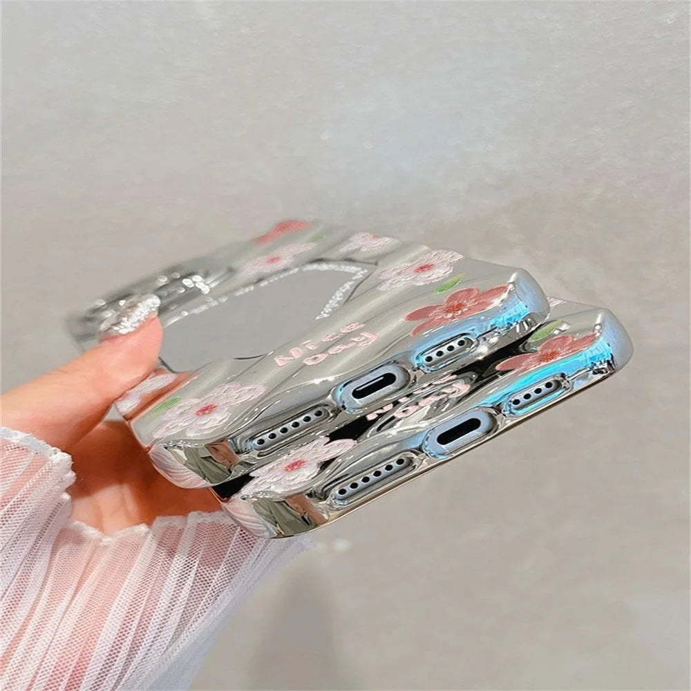 Luxury Flower Make Up Mirror Phone Case For iPhone 13 11 15 14 16 Pro Max 12 16promax 15promax 14promax Shockproof Funda Cover
