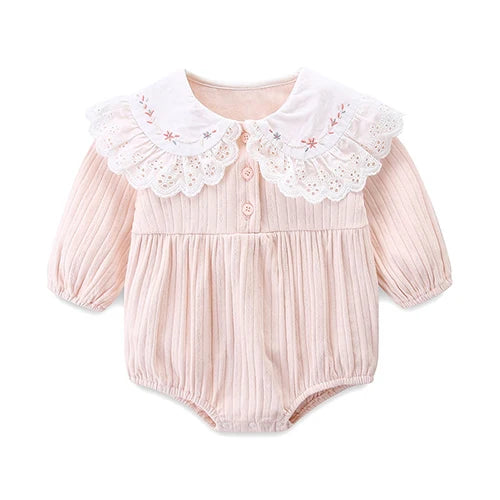 Infant Baby Girls Jumpsuit+Hat Embroidery Lace Stitching Cotton Long Sleeve Toddler Baby Girl Romper Spring Autumn Baby Clothes