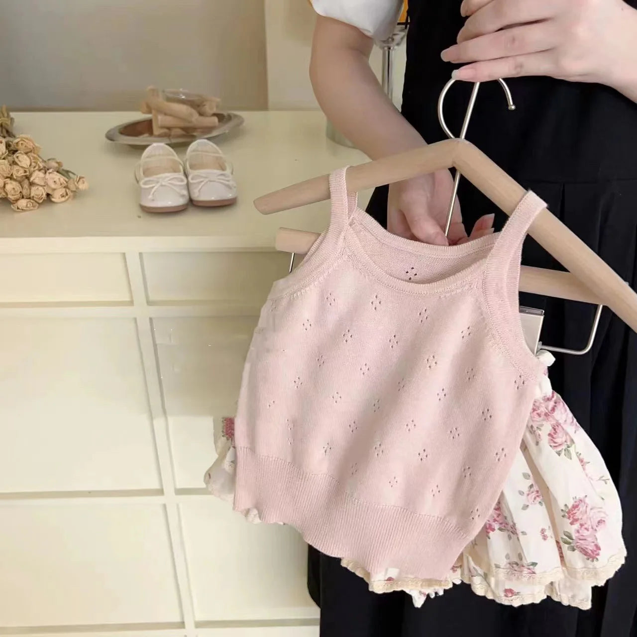 Ins Summer Toddler Girl Outfit 2024 Hollow Cool Slip Tees Lace Rose Flower Bud Shorts Baby Girl 2PCS Clothes Set Kid Girl Suits