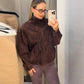 Stand Collar Long Sleeve Zipper Coat Women Elegant Pocket Ruched Loose Fitting Bomber Jacket Fashionable Ladies Autumn Outerwear