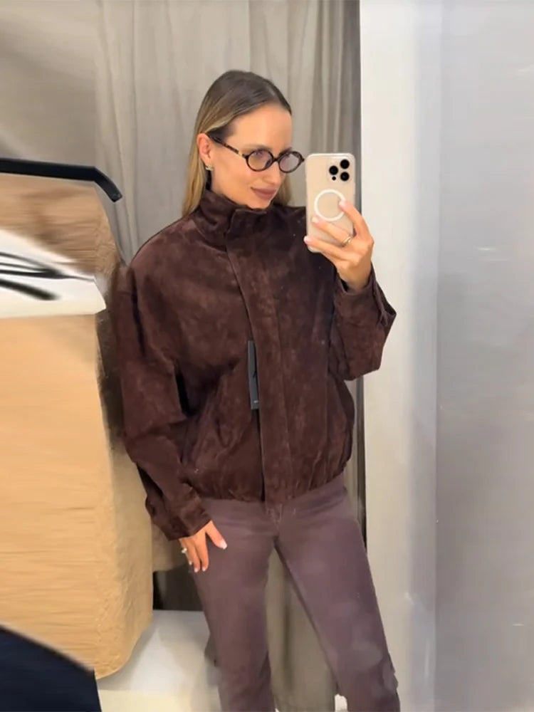 Stand Collar Long Sleeve Zipper Coat Women Elegant Pocket Ruched Loose Fitting Bomber Jacket Fashionable Ladies Autumn Outerwear
