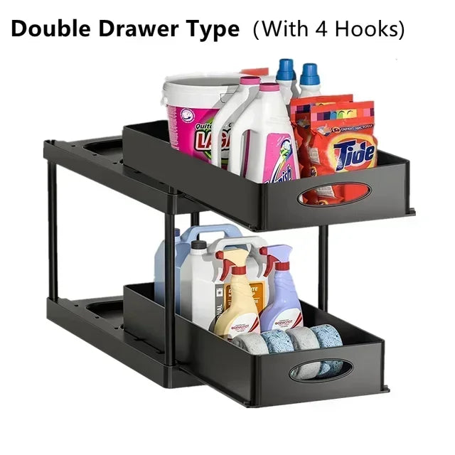 New 2 Tier Under Sink Organizer Sliding Cabinet Basket  Kitchen Organizer Organizer Storage Rack with Hooks Hanging Cup Bathroom