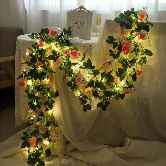200cm Rose Artificial Flowers Vine LED String Lights For Wedding Garland Home Decor Fake Rose Rattan Hanging Wall Arch Ornament