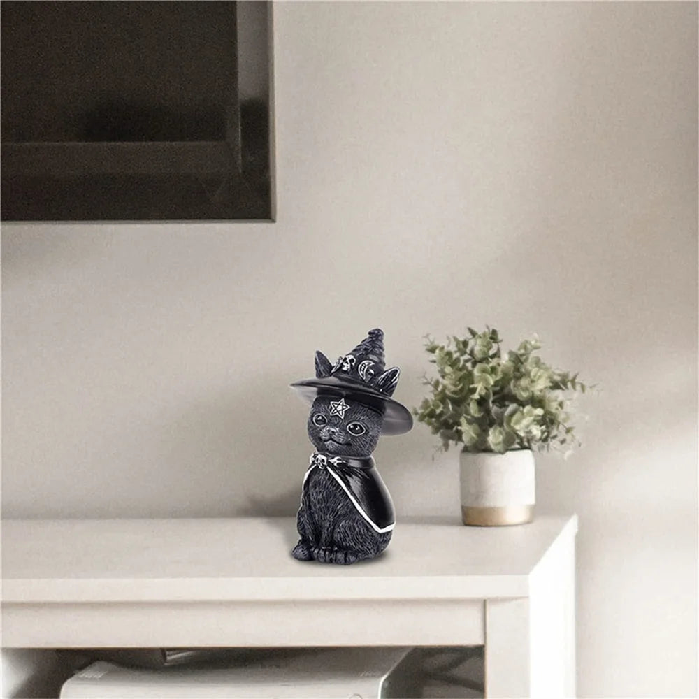 Black Cat Statue Mysterious Cute Cat Witch Cat Figurine Witches Decor Desk Ornament Hand-Painted Sculpture for Halloween 1PC