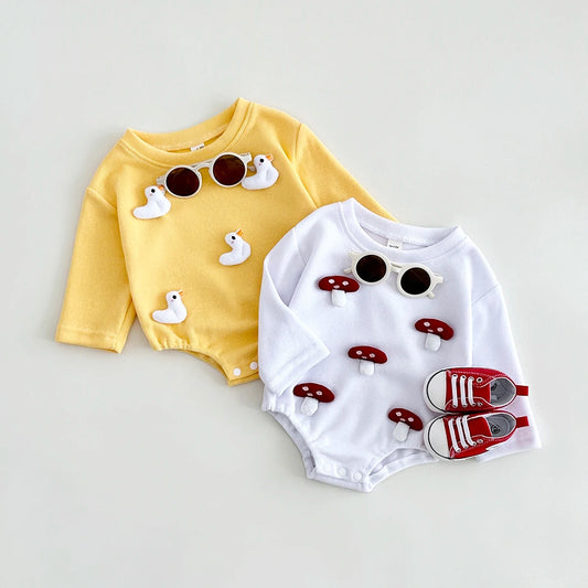 Infant Baby Triangle Bubble Romper Boys Girls Baby Autumn Sweatshirt Bodysuit Cartoon Duck/Mushroom Cute Newborn Clothes
