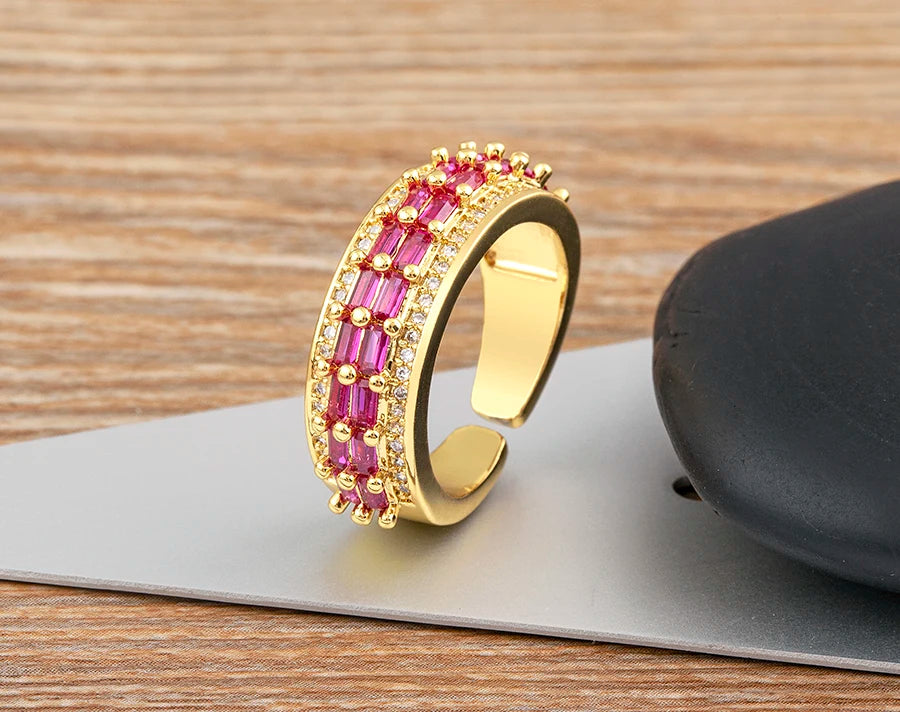 Nidin Light Luxury Cubic Zirconia Open Adjustable Rings For Women Fashion 5 Colors Gold Plated Finger Statement  Jewelry Gift