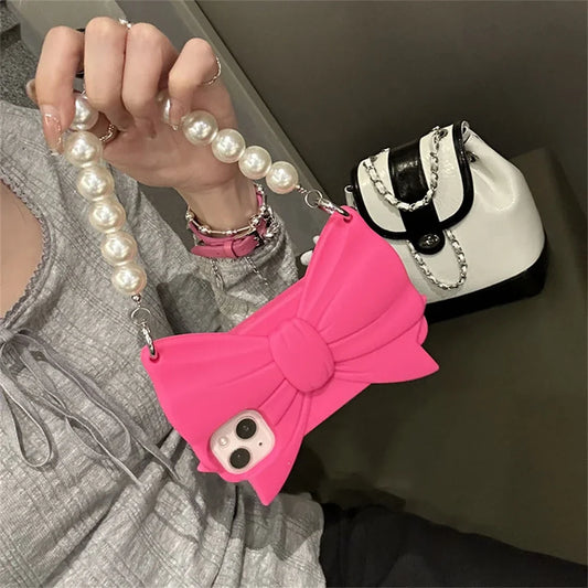Cute 3D Pink Bowknot Handbag Silicone Phone Case For iPhone 14 13 12 Pro Max 15 Lovely Girl Shockproof Soft Cover