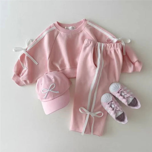 2024 Spring New Kids Clothing Sets Children Long Sleeve Suits Baby Girls Bow Sweatshirt+Pants 2Pcs Toddler Versatile Outfits