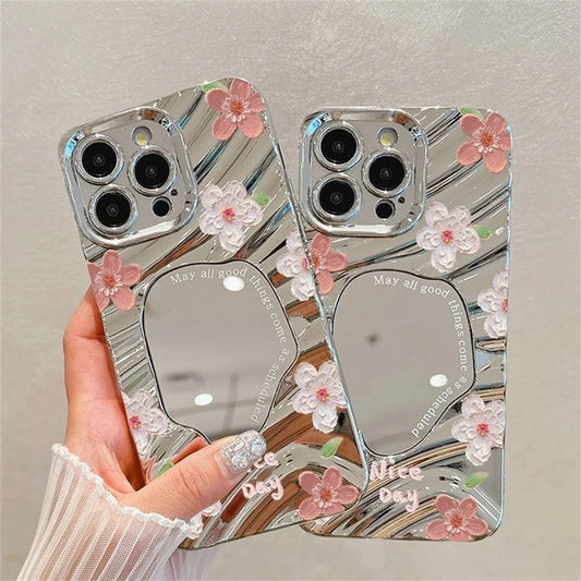 Luxury Flower Make Up Mirror Phone Case For iPhone 13 11 15 14 16 Pro Max 12 16promax 15promax 14promax Shockproof Funda Cover