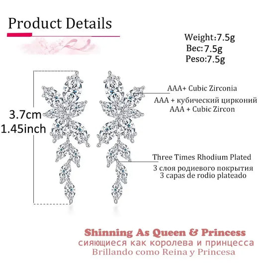 LXOEN Marquise Cut Flower Zirconia Crystal Long Drop Earrings for Women Shiny Leaf CZ Stone Bridal Wedding Jewelry