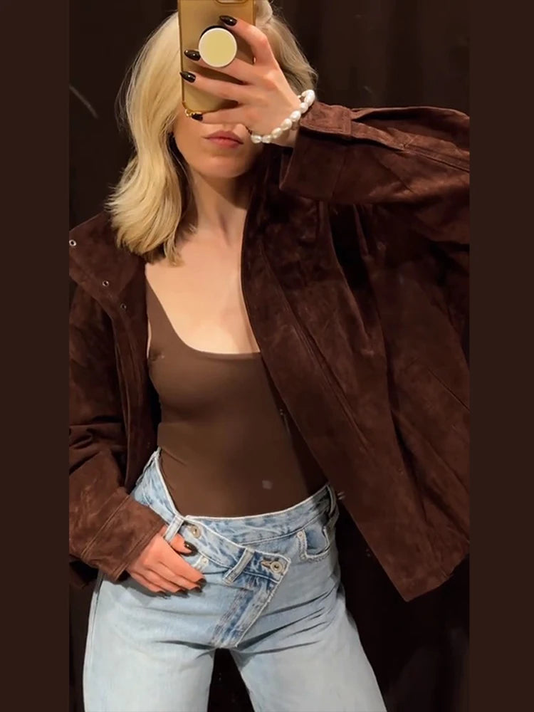 Stand Collar Long Sleeve Zipper Coat Women Elegant Pocket Ruched Loose Fitting Bomber Jacket Fashionable Ladies Autumn Outerwear