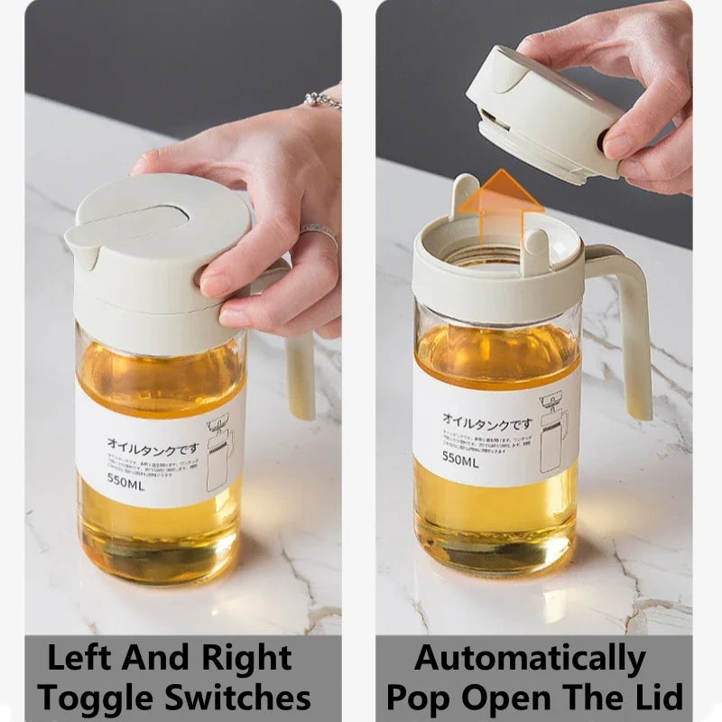 550mL Oil Empty Bottle Pourer Glass Bottles Automatic Opening and Closing Kitchen Cooking Oil Dispenser Cruet for Camping BBQ