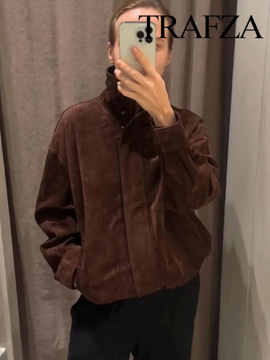 TRAFZA Women Autumn Casual Loose Coats Female Fashion High Collar Zipper Side Pocket Design Jackets Solid Street Style Coats