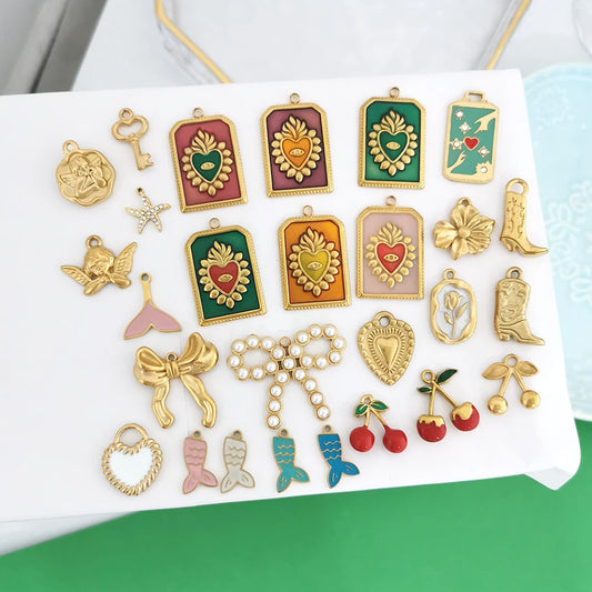 1pc Stainless Steel Big Pendant Small Charm Cherry Angel Boot Heart Tail Flower Star Cross Key Moon Pearl Bow PVD Gold Color