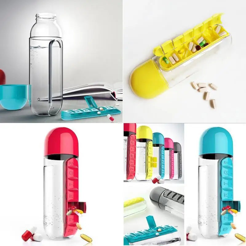 2 in 1 600ml 7 Grids Medicine Box Water Cup Sports Plastic Water Bottle Combine Daily Pill Boxes Organizer Drinking Bottles