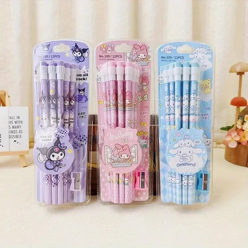 12Pcs Sanrio My Melody Wood Pencil HB with Rubber and Pencil Sharpener Cartoon Student Pencils School Student Stationery