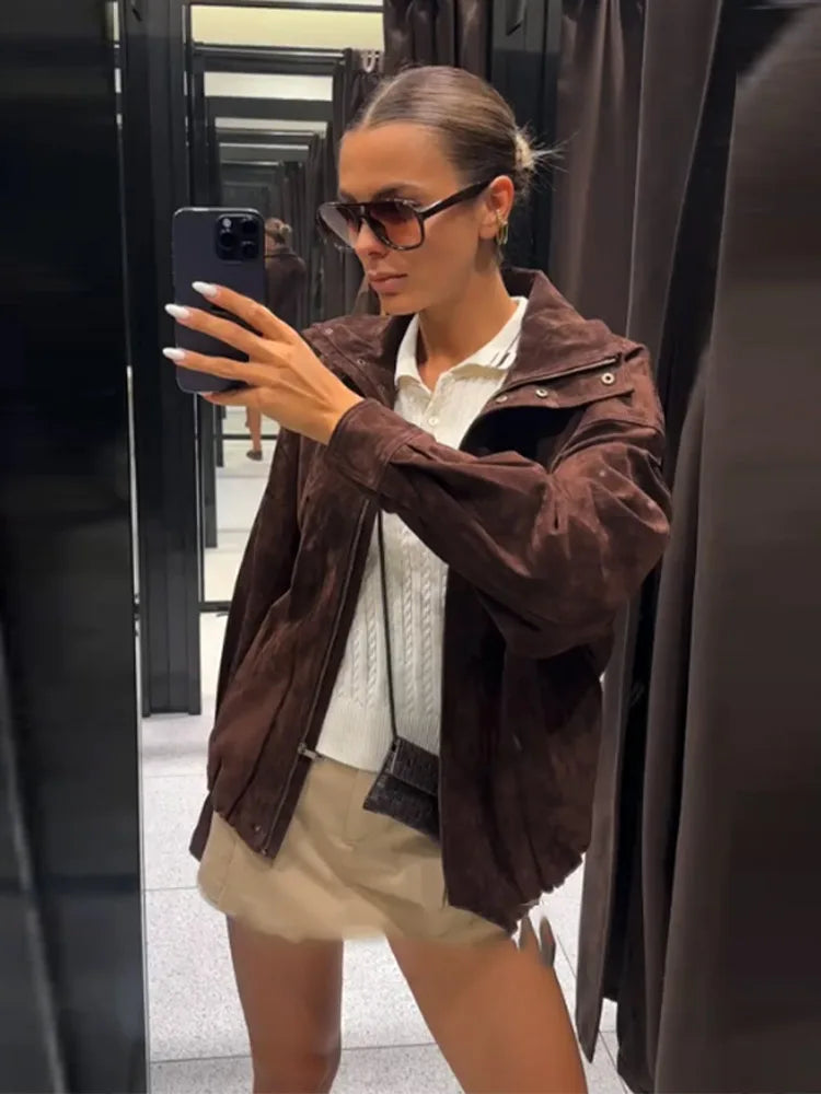 Stand Collar Long Sleeve Zipper Coat Women Elegant Pocket Ruched Loose Fitting Bomber Jacket Fashionable Ladies Autumn Outerwear