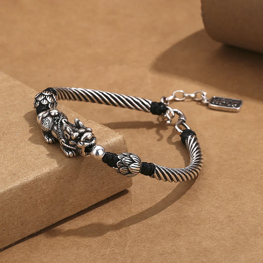 Vintage Beaded 925 Silver Bracelet for Men Lucky Kylin Copper Coins Buddha Wrist Bead Chain Men Party Jewelry Gift