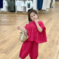 Summer Spring Baby Girls Cotton Loose Red Plaid Ruffle Sleeves Shirt Tops+Crop Pant Sets Child Outfit Kids 2PCS Tracksuit 2-10Yr