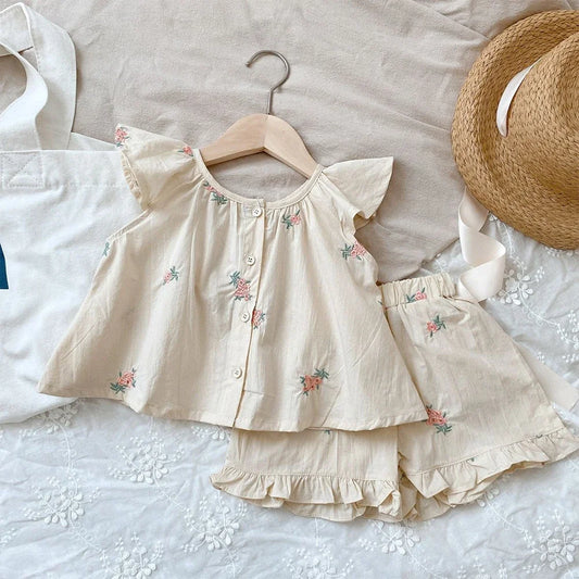Melario Girls' Summer Fashion Set Children's Flower Print Flying Sleeve Top+Shorts Two Piece Cute Little Girl Refreshing Set