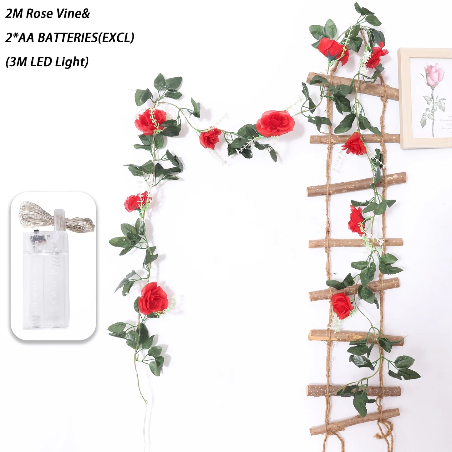 200cm Rose Artificial Flowers Vine LED String Lights For Wedding Garland Home Decor Fake Rose Rattan Hanging Wall Arch Ornament