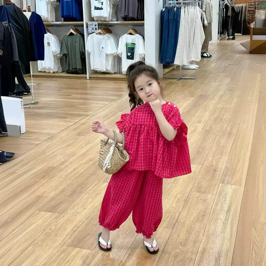 Summer Spring Baby Girls Cotton Loose Red Plaid Ruffle Sleeves Shirt Tops+Crop Pant Sets Child Outfit Kids 2PCS Tracksuit 2-10Yr
