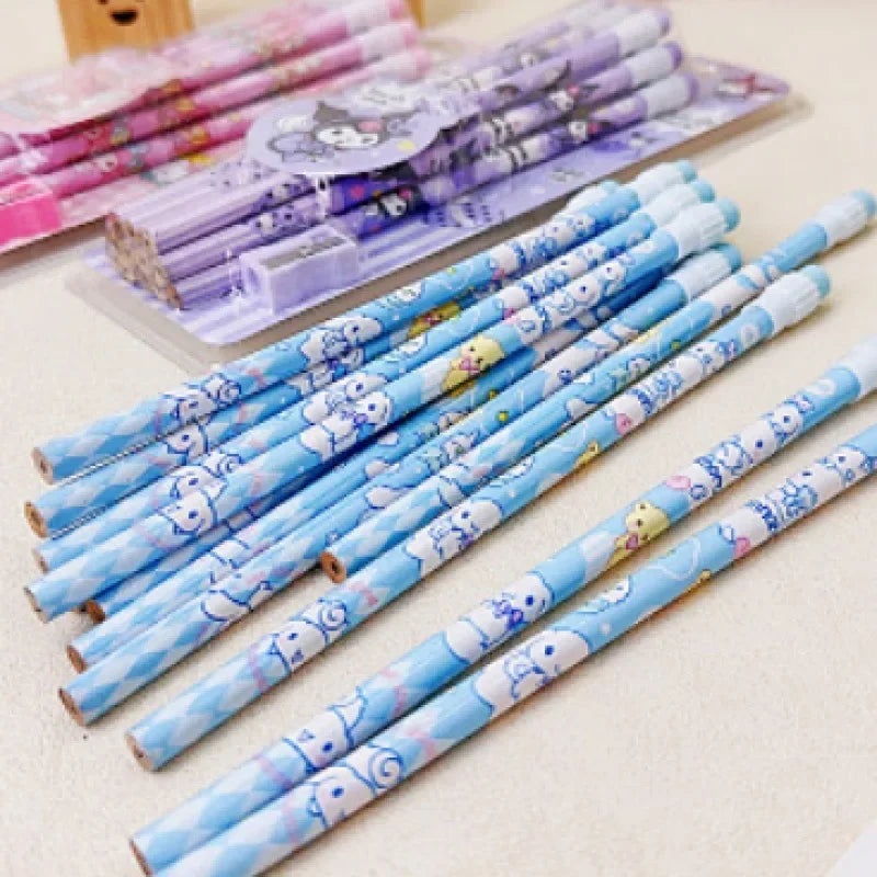 12Pcs Sanrio My Melody Wood Pencil HB with Rubber and Pencil Sharpener Cartoon Student Pencils School Student Stationery