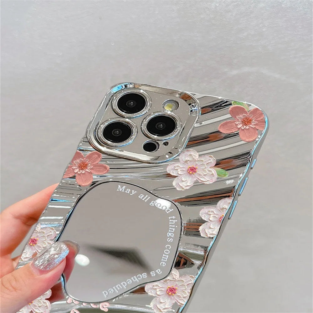 Luxury Flower Make Up Mirror Phone Case For iPhone 13 11 15 14 16 Pro Max 12 16promax 15promax 14promax Shockproof Funda Cover