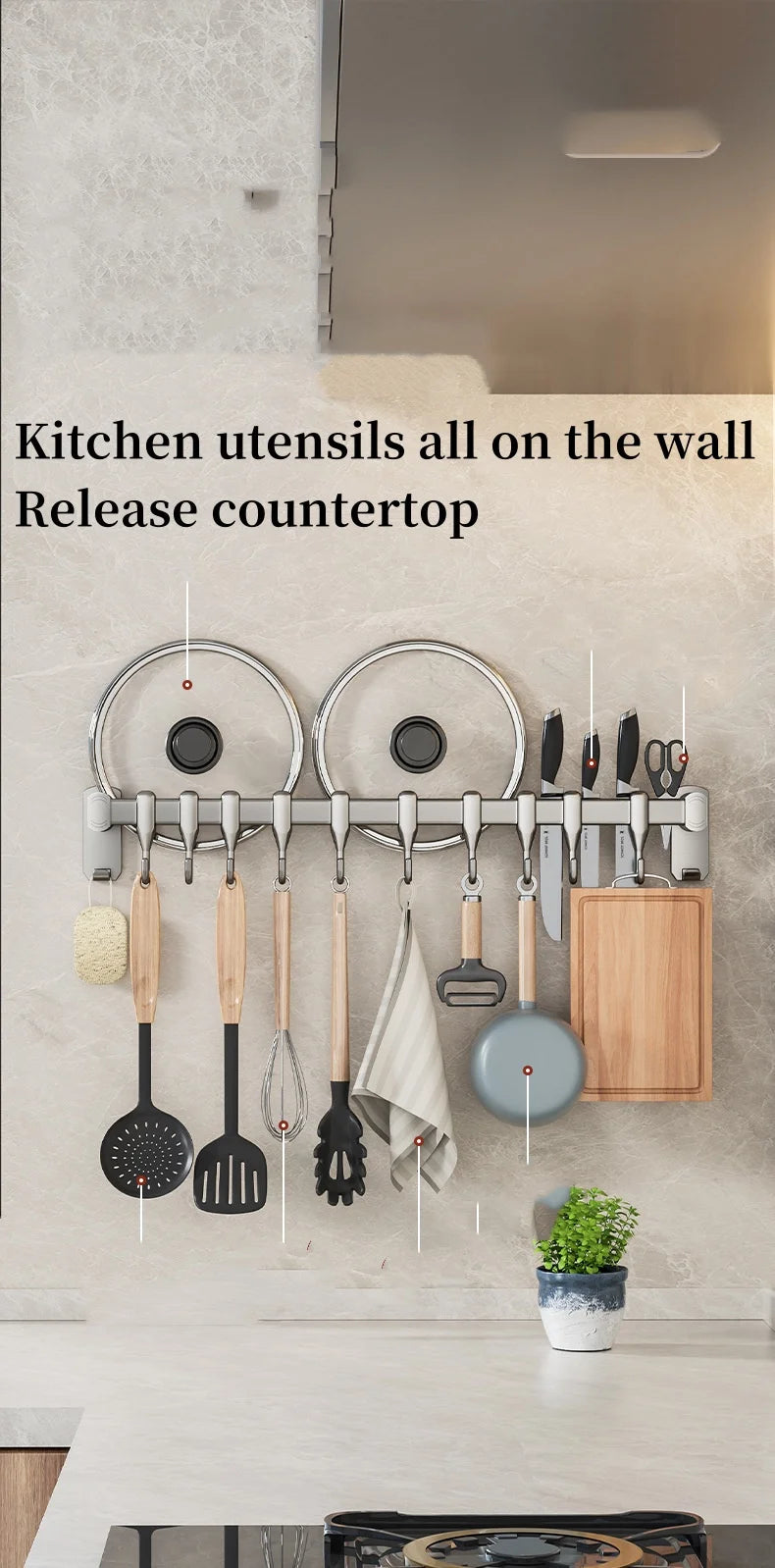 Kitchen Hook Punch-free Hanging Rod Spovel Hanger Row Hook Multifunctional Wall-mounted Storage Knife Holter