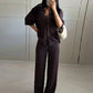 Fashion Knitted Long Pants Sets For Women Elegant Short Sleeve Lapel Single Breasted Cardigan Wide Leg Trousers 2 Pieces Suits