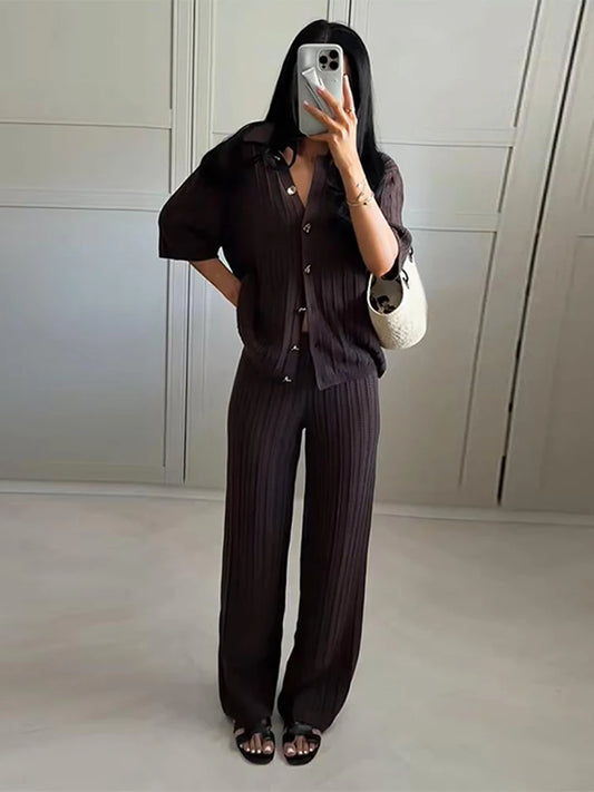 Fashion Knitted Long Pants Sets For Women Elegant Short Sleeve Lapel Single Breasted Cardigan Wide Leg Trousers 2 Pieces Suits