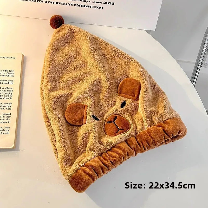 Capybara Dry Hair Cap Coral Fleece Quick Dry Towel Super Absorbent Capybara Head Turban Cute Animal Soft Hair Wraps for Women