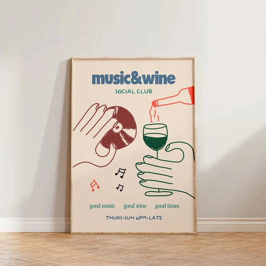 1PC Frameless Retro Music & Wine Illustration Posters Canvas Painting Wine Hand Drawn Print Wall Art Home Kitchen Club Bar Decor
