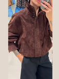 Stand Collar Long Sleeve Zipper Coat Women Elegant Pocket Ruched Loose Fitting Bomber Jacket Fashionable Ladies Autumn Outerwear
