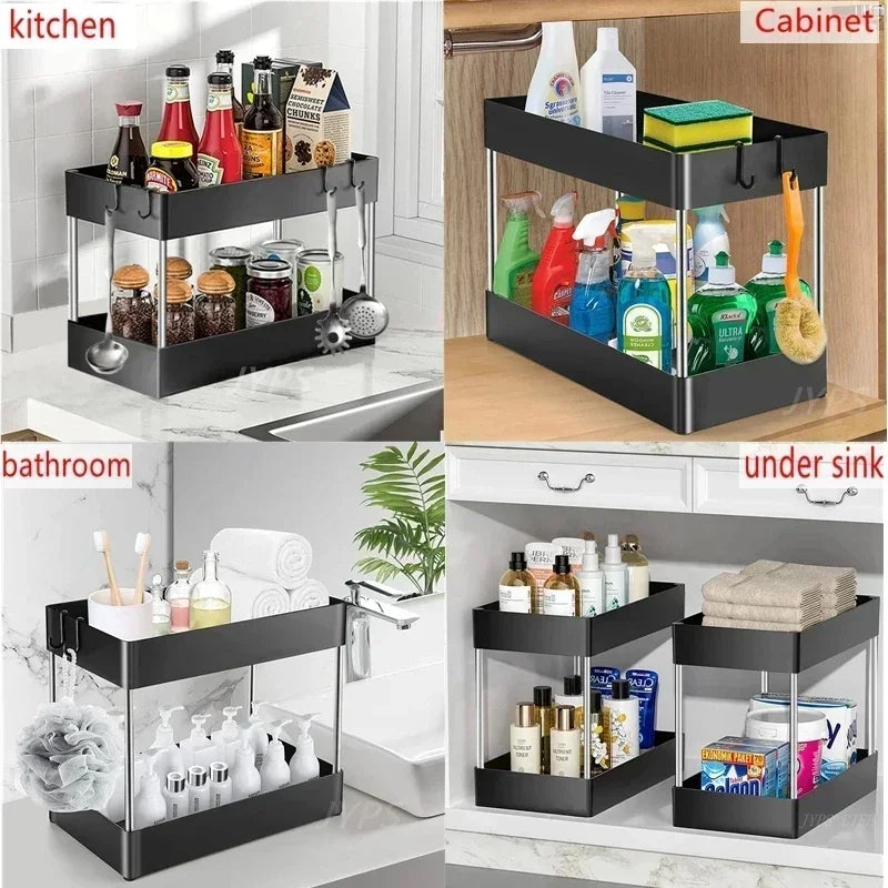 New 2 Tier Under Sink Organizer Sliding Cabinet Basket  Kitchen Organizer Organizer Storage Rack with Hooks Hanging Cup Bathroom