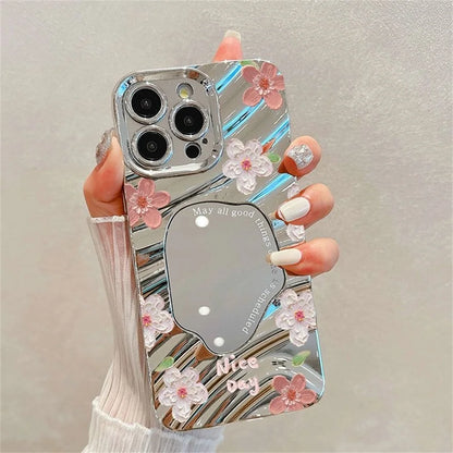 Luxury Flower Make Up Mirror Phone Case For iPhone 13 11 15 14 16 Pro Max 12 16promax 15promax 14promax Shockproof Funda Cover