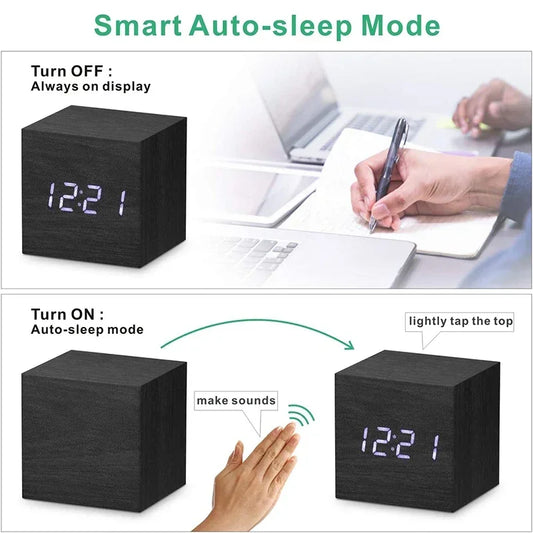 Wooden Digital Alarm Clock with Temperature Sound Control Electronic Clocks Desktop USB/AAA Powered Desperadoe LED Bedside ClocK