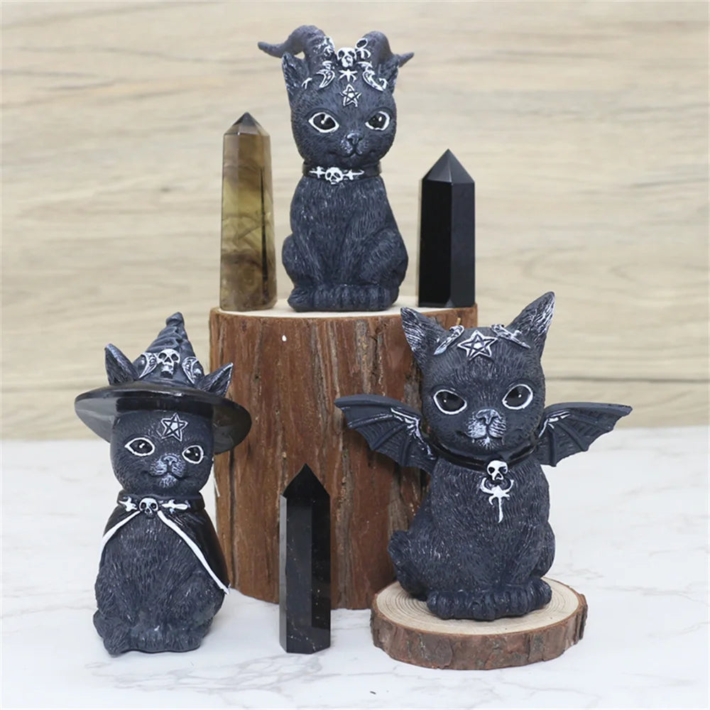 Black Cat Statue Mysterious Cute Cat Witch Cat Figurine Witches Decor Desk Ornament Hand-Painted Sculpture for Halloween 1PC
