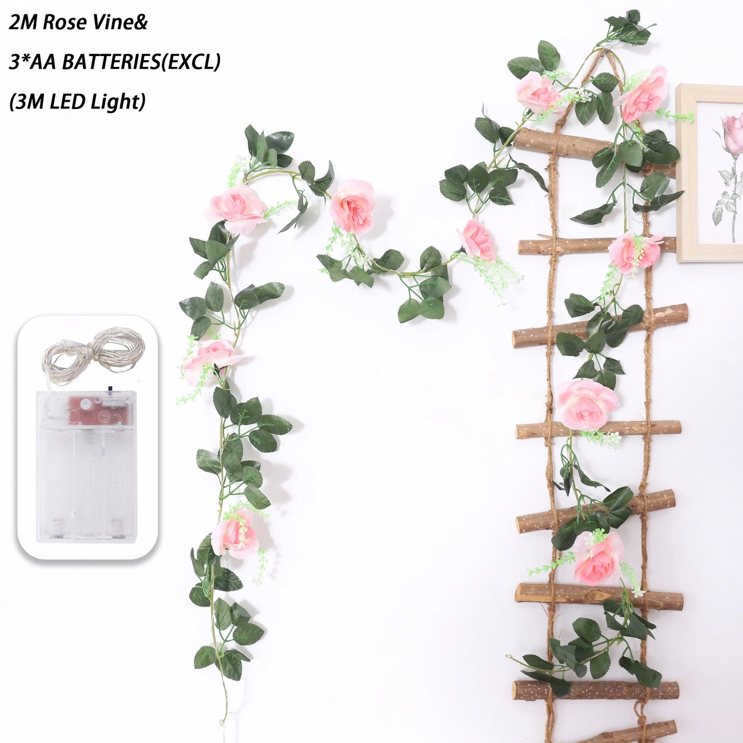 200cm Rose Artificial Flowers Vine LED String Lights For Wedding Garland Home Decor Fake Rose Rattan Hanging Wall Arch Ornament