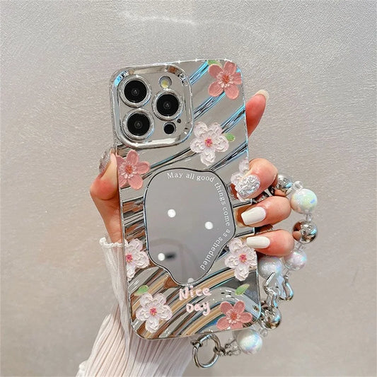Luxury Flower Make Up Mirror Phone Case For iPhone 13 11 15 14 16 Pro Max 12 16promax 15promax 14promax Shockproof Funda Cover
