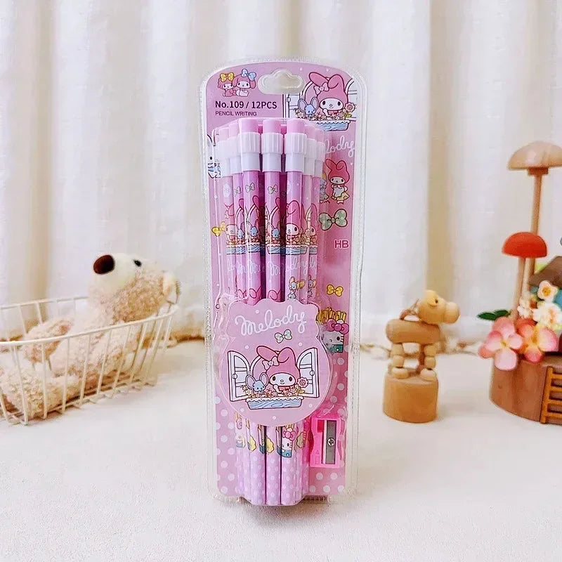12Pcs Sanrio My Melody Wood Pencil HB with Rubber and Pencil Sharpener Cartoon Student Pencils School Student Stationery